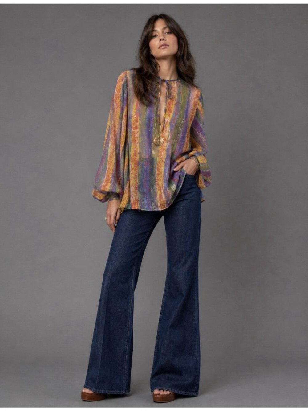 Vintage 70s BONWIT TELLER Womens 14 Rainbow Psychedelic Semi-Sheer Tunic Blouse